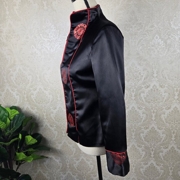 VuahongMei Size Medium Black Satin Zip Front Blazer Red Accents Asian Design - Picture 7 of 13